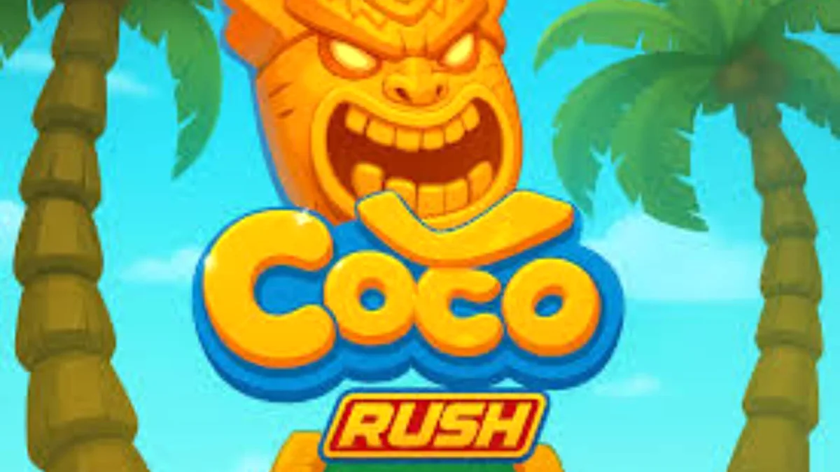 Interface do jogo Coco Rush em um dispositivo móvel mostrando o cenário de praia tropical