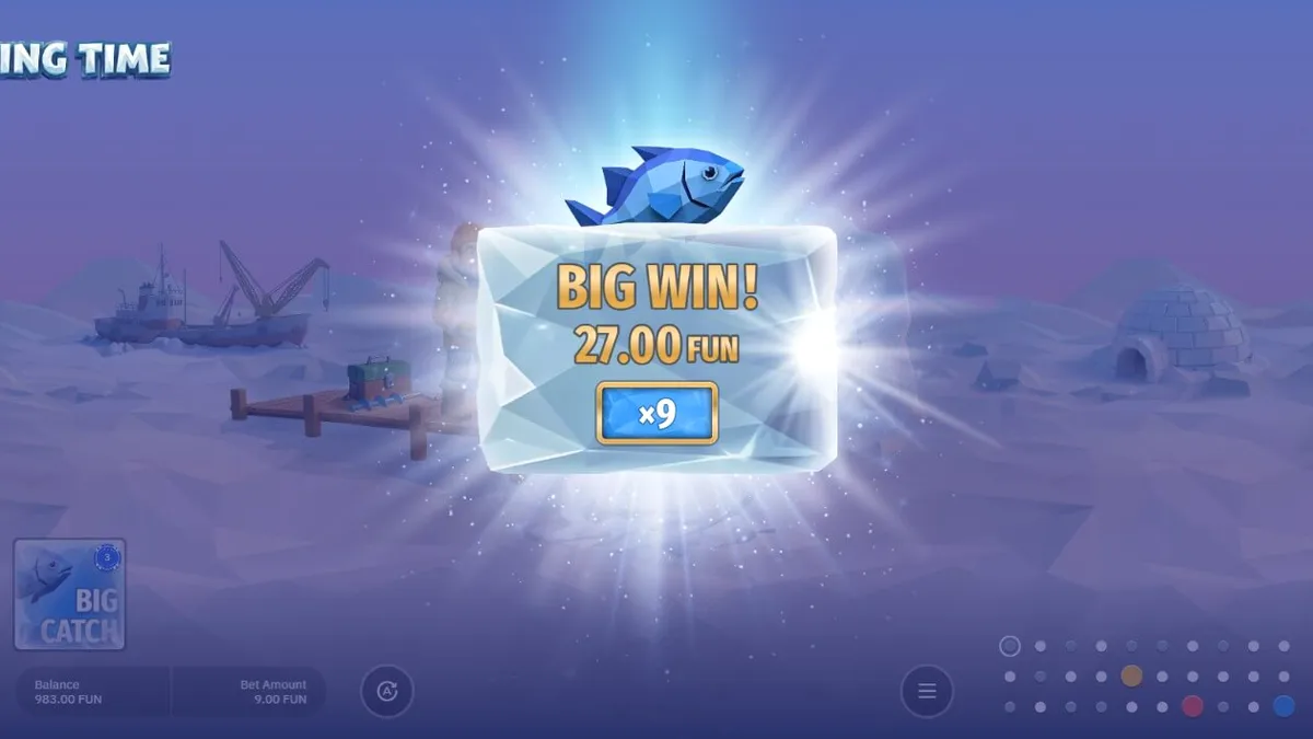 Interface mobile do jogo Fishing Time com a roda de bônus em destaque